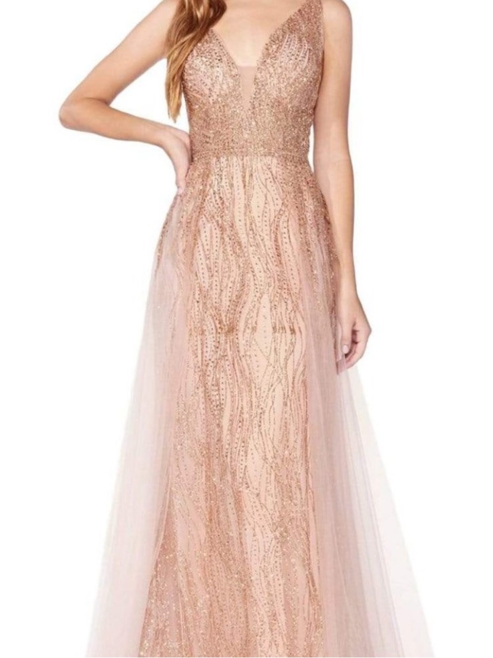 Cinderella Divine CD0152 Rose Gold Glitter Beaded Tulle A-Line Gown Small